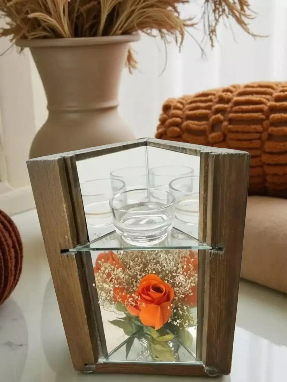 Wood Glass Candle Holder, Dark Wood, Mini Flower Display, Warm Glow Lighting